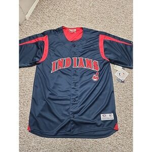 NWT True Fan Cleveland Indians Embroidered Full Button‎ Jersey Men's Large